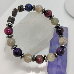 Labradorite, Blue/Purple Hawk's Eye natural gem Diffuser Bracelet - Hand-crafted
